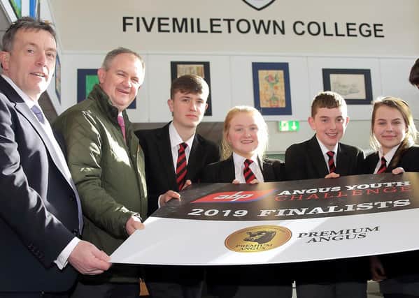 Pictured the team from Fivemiletown College, who were 2021 Runners-up in the competition against the three other finalist teams - Mark Hoey, Ester Robinson, Alan Kelly, Megan Roberts and Jonathan Cowan, with George Mullan, Managing Director ABP Northern Ireland Charles Smith, Angus Producer Group, and teacher Andrea McNeary