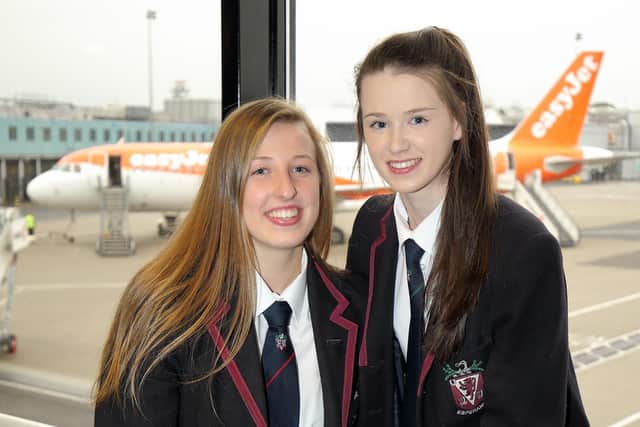 From left the 2021 overall winners, Samantha Todd and Emma Turner from the Wallace High School Lisburn, departing for their trip to ABP Ellesmere as part of the ABP Angus Youth Challenge finalist programme
