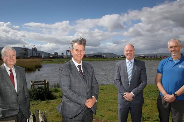 Pictured at the RSPB’s ‘Window on Wildlife’, Belfast, are (from left-right) David Dobbin, Chairman, Belfast Harbour, Environment Minister Edwin Poots MLA, Joe O’Neill, Chief Executive, Belfast Harbour and Gregory Woulahan, RSPB. Picture: William Cherry PressEye