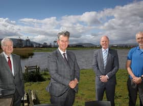Pictured at the RSPB’s ‘Window on Wildlife’, Belfast, are (from left-right) David Dobbin, Chairman, Belfast Harbour, Environment Minister Edwin Poots MLA, Joe O’Neill, Chief Executive, Belfast Harbour and Gregory Woulahan, RSPB. Picture: William Cherry PressEye