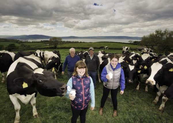 The 1st June marks the 21st anniversary of World Milk Day and with this yearâ€TMs theme of sustainability, the sector is highlighting how Northern Ireland dairy meets the four dimensions that must be considered in a sustainable diet: the environmental footprint, nutritional value, economy and food culture. Three generations of the McCullough family whose herd of 107 happy cows at Holywood, Co. Down embody sustainable dairy farming in Northern Ireland. Pictured L-R are Alex, Megan, William and Rachel McCullough.