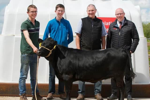 James and David Verner with their top priced female Mourne Florence, purchased by Mike Frazer for 1450 guineas. Both are congratulated by Peter Eakin of Eakin Bros Motors.