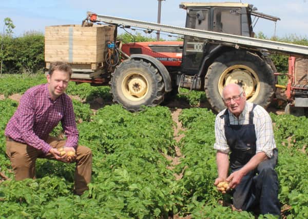 North Down potato grower Hugh Chambers (right) harvested the first of this year's Comber Earlies yesterday (Friday June 11th). He was joined by Wilson's Country agronomist Stuart Meredith. The potatoes will be in the shops on Monday next (June 14th)