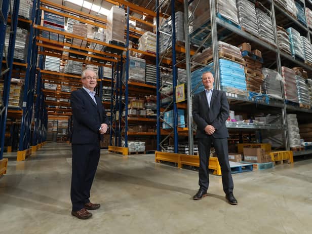 Pictured inside Henderson Foodservice’s new £16 million warehouse facility are Pat McGarry (left) Henderson Group Logistics and Distribution Director and Cathal Geoghegan, Managing Director of Henderson Foodservice.
