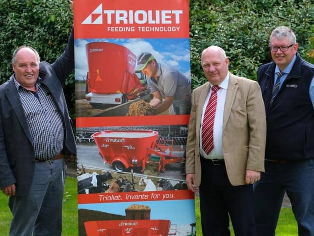 Holstein NIâ€TMs Gaston Wallace, left, and club secretary John Martin, right, confirm sponsorship of the herds inspection the competition with Padraig Oâ€TMKane, Trioliet area sales manager Ireland, Picture: Columba Oâ€TMHare