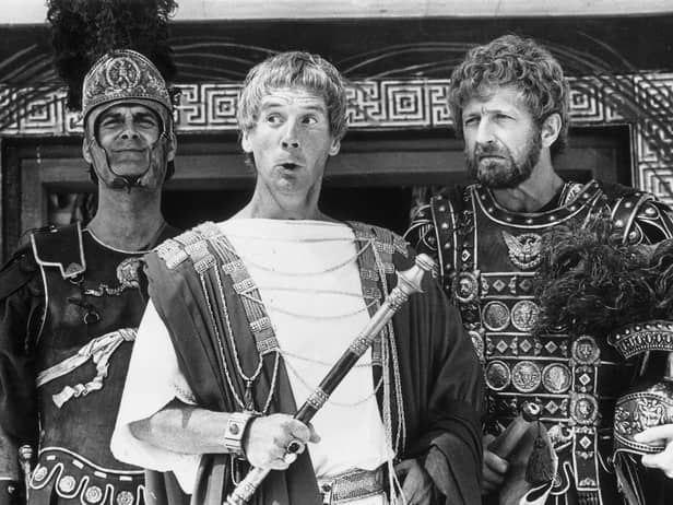 1979: Members of the British comedy team, Monty Python, during the filming of their controversial film 'The Life of Brian', (from left) John Cleese, Michael Palin and Graham Chapman. (Photo by Evening Standard/Getty Images)
