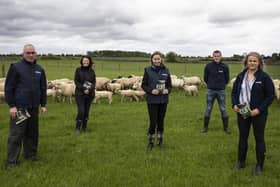 21/5/2021; Farmer, PJ Finnerty, left with Ruth Dalton, Musgrave Technical manager, Sorcha Donnelly, Sales director Ireland, Kepak, David Mannion, livestock procurement manager Kepak, and Nicola Herron, Technical manager at Kepak in Brideswell, Co. Roscommon as Musgrave together with Kepak launch their â€ ̃Lamb Producer Guidelinesâ€TM booklet. These guidelines are a link between producers and consumers and provide advice and guidance to farmers. Co. Roscommon. Pic credit; Damien Eagers Photography