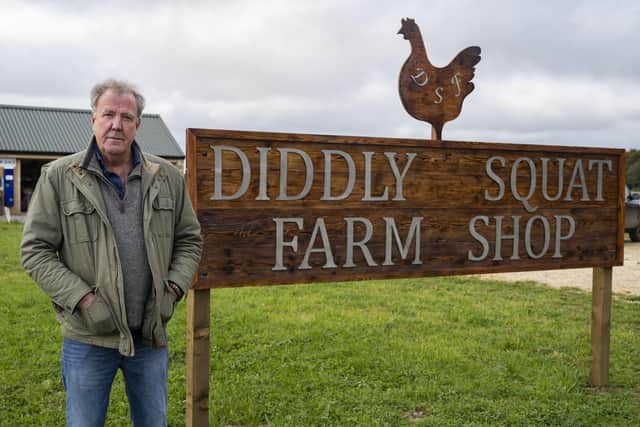 Jeremy Clarkson at Diddly  Squat Farm Shop.. See PA Feature SHOWBIZ TV Clarkson. Picture credit should read: PA Photo/Amazon Prime Video/ Stephanie Hazelwood. WARNING: This picture must only be used to accompany PA Feature SHOWBIZ TV Clarkson.