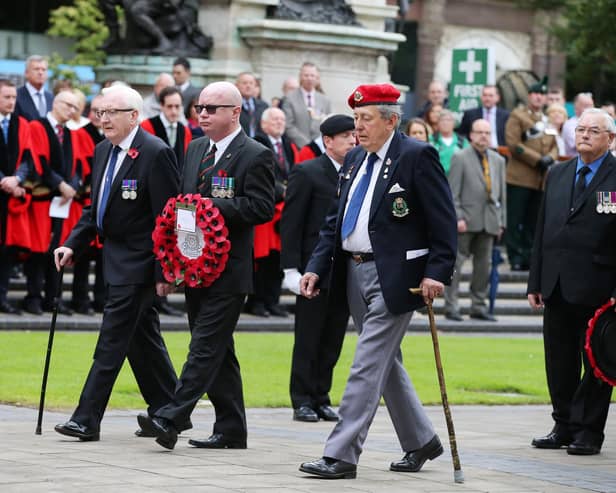 Veterans lay a wreath in the grounds of Belfast City Hall during the 101st anniversary of the Battle of the Somme in 2017. Picture: Kelvin Boyes/Press Eye