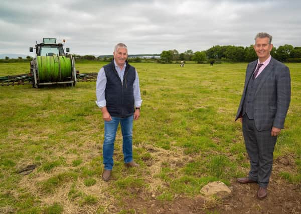 Minister Poots is pictured with Victor Chestnutt, President of the Ulster Farmers Union during a visit to Mr Chestnutt’s farm in Bushmills. Photo by Aaron McCracken