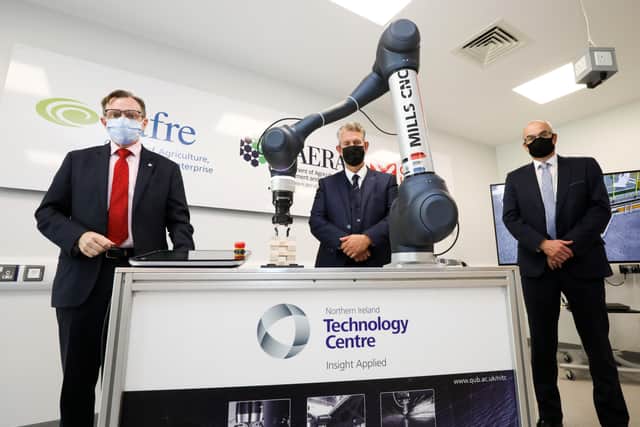 Press Eye - Belfast - Northern Ireland - 30th June 2021 - 

DAERA Minister Edwin Poots MLA launches
DAERA'TMs Robotics and Automation Pilot Project -“ a collaboration between CAFRE and the Northern Ireland Technology Centre (NITC) of Queenâ€TMs University Belfast (QUB).

Pictured alongside Minister Poots is Ian Greer, Vice-Chancellor of Queen's University Belfast  and Martin McKendry, Director of CAFRE.

Photograph by Kelvin Boyes /  Press Eye.