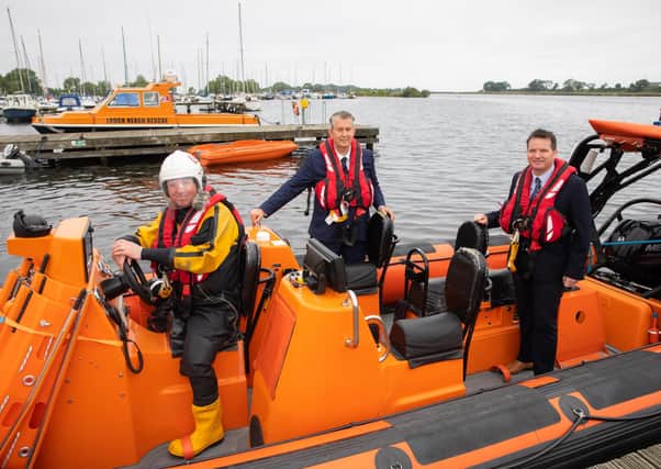 DAERA Minister Edwin Poots pictured with Philip Smyth – Director, Lough Neagh Rescue and Alderman Glenn Barr, Lord Mayor, ABC Borough Council.