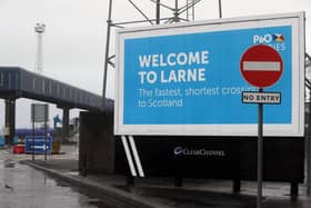 Signage at Larne Port. The DUP has rejected claims it is whipping up tensions over Irish Sea trade in an effort to get Brexit's contentious Northern Ireland Protocol ditched. Physical inspections on goods entering Northern Ireland from Great Britain, which are required under the protocol, have been suspended amid threats and intimidation of staff. Picture date: Wednesday February 3, 2021.