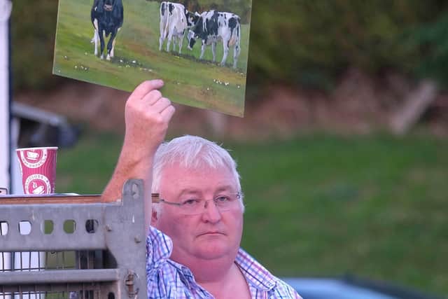 Holstein NI Committee member Charlie Weir presents one of the auction items to the crowd at the Holstein NI Charity Auction and BBQ in Dungannon. Photograph: Columba O'Hare/ Newry.ie