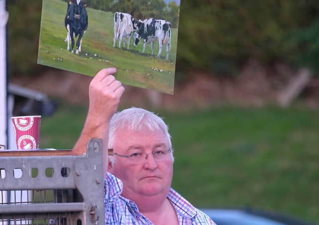 Holstein NI Committee member Charlie Weir presents one of the auction items to the crowd at the Holstein NI Charity Auction and BBQ in Dungannon. Photograph: Columba O'Hare/ Newry.ie