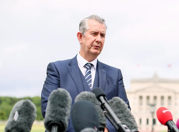 Press Eye - Belfast - 10th June 2021  DUP leader Edwin Poots speaks to the press at Carsonâ€TMs statue in the grounds of Stormont, east Belfast, following his meeting with Secretary of State Brandon Lewis.  Picture by Jonathan Porter/PressEye