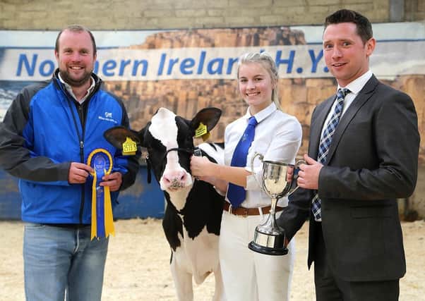World Wide Sires is sponsoring the Holstein Showmanship classes. Sponsor Paul Dunn, left,  is pictured at the 2019 event with champion handler Lauren Henry from Stranocum, and judge Rory Timlin. Picture: Jane Steel