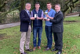 The reigning UGS Grassland Farmers of the Year are Harold Johnston & Sons from Ahoghill with Jack and Mark pictured at the Society’s Award Ceremony with UGS President Charlie Kilpatrick and Rodney Brown, Danske Bank