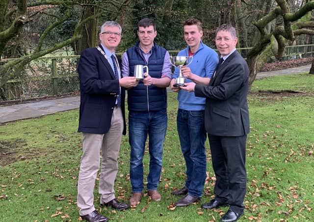 The reigning UGS Grassland Farmers of the Year are Harold Johnston & Sons from Ahoghill with Jack and Mark pictured at the Society’s Award Ceremony with UGS President Charlie Kilpatrick and Rodney Brown, Danske Bank