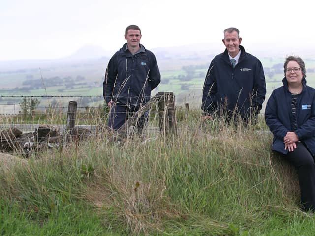 Minister Poots is pictured with Neal Warnock, RSPB NI Senior Conservation Officer and Joanne Sherwood, RSPB NI Director