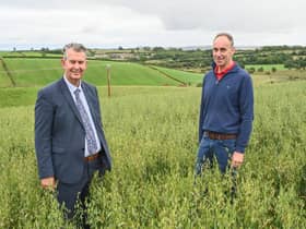 DAERA Minister Edwin Poots visits Cecil Nelson's farm outside Downpatrick to see how Environmental Farming Scheme funding helps with biodiversity.  Pictured L-R Minister Poots and farmer Cecil Nelson