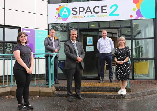 Rural Affairs Minister Edwin Poots pictured at a visit to Aspace2 with (L-R) Colleen Quigley, Eduaction Lead, Aspace2, Michael Flanagan Accountant, Aspace2, Phelim Sharvin Associate Director, Community Finance Ireland, Martina Bell Managing Director, Aspace2