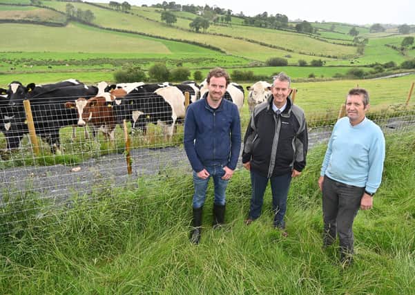 Minister Poots is pictured with (left) Dominic McCann, Rivers Trust and (right) Gerry Cosgrove, farmer