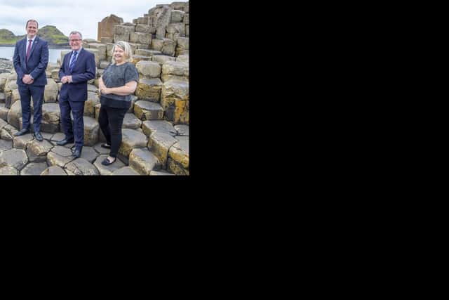 REPRO FREE
06/09/2021, Bushmills, Co Antrim – Tourism Ireland has launched a £5 million, multi-media promotional campaign, to boost travel to Northern Ireland from GB over the coming months. The campaign, which is running under the banner ‘Northern Ireland – Embrace a Giant Spirit’, will be seen by millions and will reach at least 80% of all adults in GB. It will generate demand now and drive bookings for short breaks and holidays in Northern Ireland.
PIC SHOWS: Pictured at the Giant's Causeway are (l-r) Christopher Brooke, Vice-Chairman of Tourism Ireland; Gordon Lyons MLA, Minister for the Economy; Niall Gibbons, Chief Executive of Tourism Ireland; and Esther Dobbin, Giant's Causeway, at the launch of Tourism Ireland’s promotional campaign to boost travel to Northern Ireland from GB.
Pic – Paul Faith (no repro fee)
Further press info – Elaine Moore, Tourism Ireland tel: 077 6652 7719 or Clair Balmer, Tourism Ireland tel: 074 3630 3557