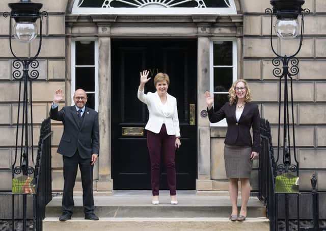 First Minister Nicola Sturgeon (centre) welcoming Scottish Green co-leaders Patrick Harvie and Lorna Slater at Bute House, Charlotte Square, Edinburgh, following their Government Ministerial appointments