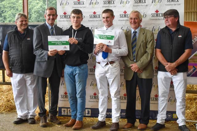 HYB intermediate linear competitors Harry Orr, Cloughmills, and Ryan McKnight, Drumbo, were placed fourth at National Competitions Day, held in Shropshire. Also pictured are Semex representatives Richard Mallett and David Gadd, with Holstein UK president John Jamieson, and immediate past president Robert Clare.