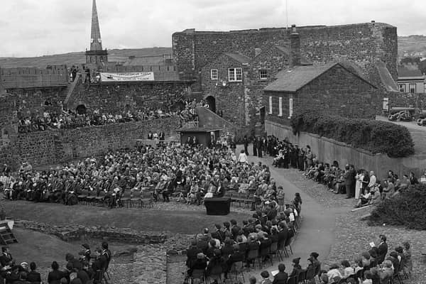 Carrickfergus council's guests of honour at the event to mark the castle's 800th birthday celebrations. The Marquess and Marchioness of Donegall marched to the castle with mayors from all over Northern Ireland, councillors, organisations and bands. Picture: News Letter archives