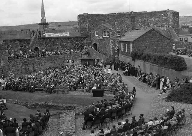 Carrickfergus council's guests of honour at the event to mark the castle's 800th birthday celebrations. The Marquess and Marchioness of Donegall marched to the castle with mayors from all over Northern Ireland, councillors, organisations and bands. Picture: News Letter archives