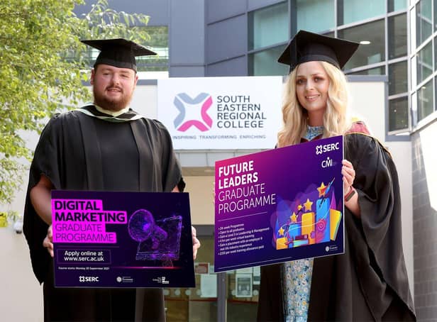 SERC is recruiting graduates for two new Graduate programmes - Digital Marketing and Future Leaders - fully funded through The Flexible Skills Fund from the Department for Economy. Apply online visit  www.serc.ac.uk/Grad-Prog-21 Pictured (L-R) SERC graduates Matthew McPherson and Shannen Magee.