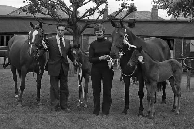 John Stewart, Drumcullen, Randalstown, and his wife with their champion and reserve champion hunter brood mares and foals at the Balmoral Show in 1981. Picture: Farming Life archives