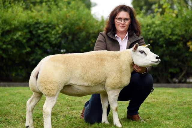 Karen Shuttleworth with her Skipton Beltex 2,400gns shearling ram