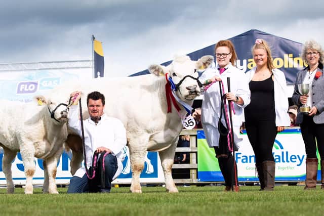 First prize senior cow was Ballykeel Matilda, shown with heifer calf Lowtown Rosie, owned by the Dorman family from Dungannon. Cathal, Michaela and Corchennia Dorman received the Hunter Kane and Son Cup from judge Linda Morgan, Powys. Picture: Mullagh Photography