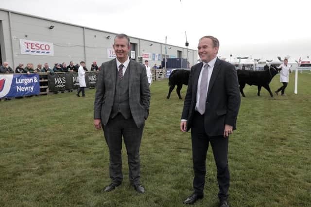 DAERA Minsiter Edwin Poots MLA and Defra Secretary of State George Eustice pictured at he cattle ring during their visit to the Balmoral Show. Minister Poots stressed the importance of the agri-food sector in NI and the impact the Northern Ireland Protocol is having on it
