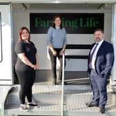 Health minister Robin Swann at the Farming Life stand with advertising manager Diane Burke and Gillian Devaney, promotions.