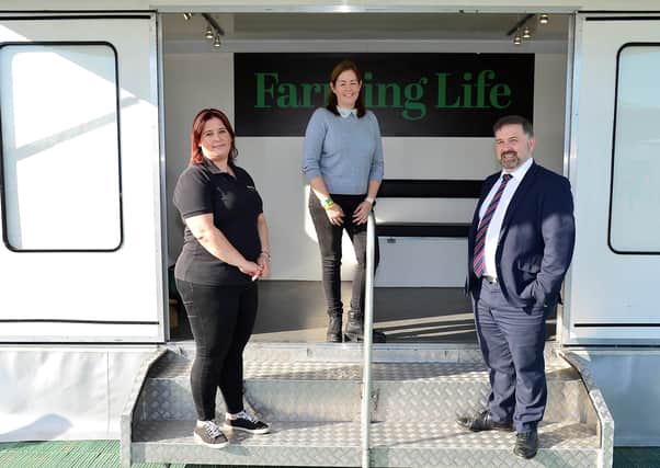 Health minister Robin Swann at the Farming Life stand with advertising manager Diane Burke and Gillian Devaney, promotions.