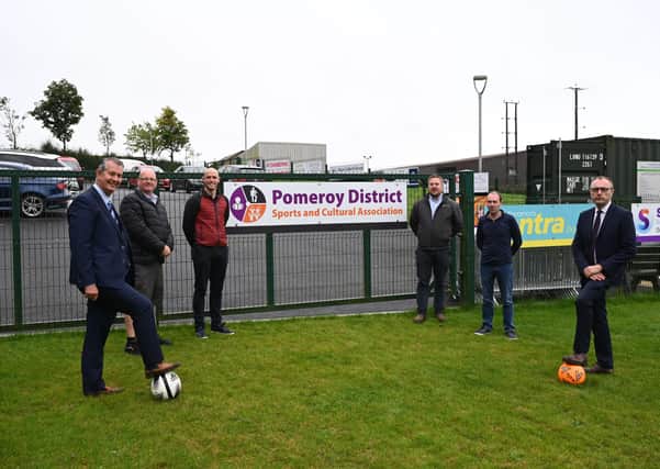 DAERA Minister Edwin Poots MLA is pictured with Mid Ulster Council Chair Councillor Paul McLean, Chairperson of the Pomeroy District Sports and Cultural Association Keith Buchanan MLA and members of the association at the new facilities at the pitch in Pomeroy, County Tyrone.