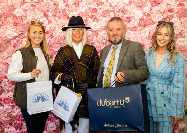Caroline Martin was crowned the Most Appropriately Dressed Lady at the 2021 Balmoral Show. Pictured (L-R) Katie Halpin, Ireland’s Blue Book, Caroline Martin, Paul Corson, Dubarry of Ireland and judge Cool FM’s Melissa Riddell. Flower Wall kindly provided by the Blossom Lane Co, Hillsborough.