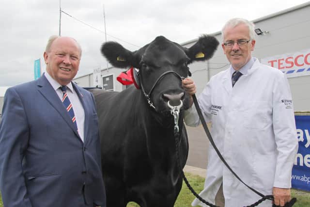 Aberdeen Angus exhibitor John Henning, Moira, is pictured at Balmoral Show with TUV leader Jim Allister.  Picture: Julie Hazelton