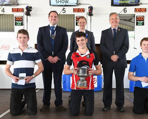 YFCU sheep shearing novice winners, left to right back row, YFCU president along with representatives from Lister Shearing Equipment Limited. Front row left to right, Stephen Wilson, Bleary YFC, Matthew Robinson, Gleno Valley YFC and Alexander Boyd, Straid YFC