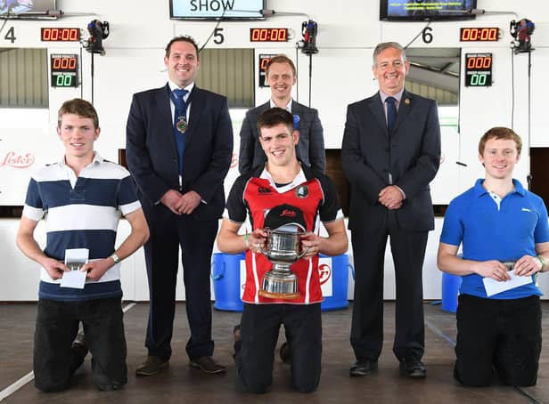 YFCU sheep shearing novice winners, left to right back row, YFCU president along with representatives from Lister Shearing Equipment Limited. Front row left to right, Stephen Wilson, Bleary YFC, Matthew Robinson, Gleno Valley YFC and Alexander Boyd, Straid YFC