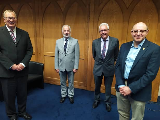 Pictured at the General Assembly of the Presbyterian Church in Ireland, which is taking place in Belfast are (left to right) the Convener of the Council for Mission in Ireland Very Rev Dr Frank Sellar, Acting Council Secretary, Rev Jim Stothers and PCI's Chaplaincy Secretary, Rev Robert Bell, with PCI's new rural chaplain Rev Kenny Hanna.