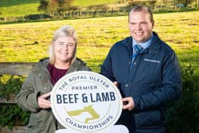 Rhonda Geary, Operations Director, RUAS and Richard Primrose, NI Agri Manager, Bank of Ireland launch the 2021 Royal Ulster Premier Beef & Lamb Championships in partnership with Bank of Ireland. Entries are now open online at beefandlamb.org.uk