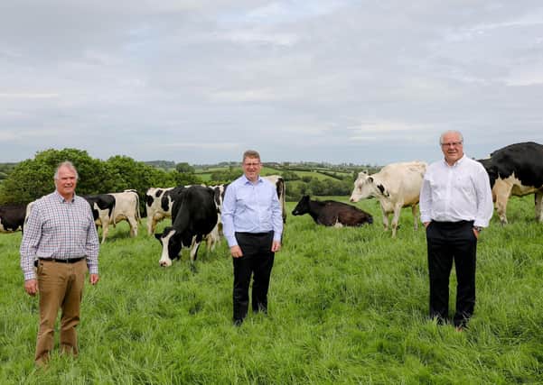 Pictured from L-R are Banbridge dairy farmer Norman Thompson, Dermot Farrell, General Manager of Lakeland Dairies Food Service Division, and Dr. Mike Johnston, Chief Executive of the Dairy Council for Northern Ireland.