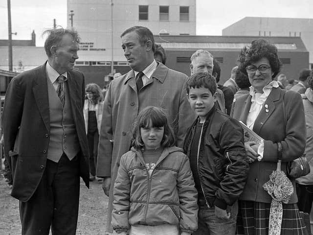 Mr William Fullerton, Ulster Farmers’ Union president, and his wife Helen, daughter Kay and son William, were among the visitors to the Enniskillen (Fermanagh) Show in August 1982. On the left is Mr Tom Armstrong from Kilskerry. Picture: Farming Life/News Letter archives