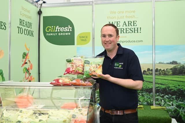 William Gilpin, Managing Director of Gilfresh Produce, leading vegetable producers and suppliers based in Loughgall, Co. Armagh, is pictured with the Gilfresh Produce Prepared Vegetable range at this year’s Balmoral Show. The Gilfresh Produce Vegetable Fajita Kit which is part of the range has been shortlisted for in the Irish Quality Food and Drink Awards which will take place in September. Photo Credit: ABC Council.