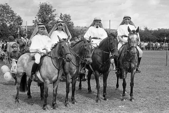 Giles Watson, Samantha McConnell, Bronagh Travers and Carmella McConville from Ratfriland Riding Club, dressed up as Arabs for their display at the Newry Show in July 1982. Picture: Farming Life/News Letter archives